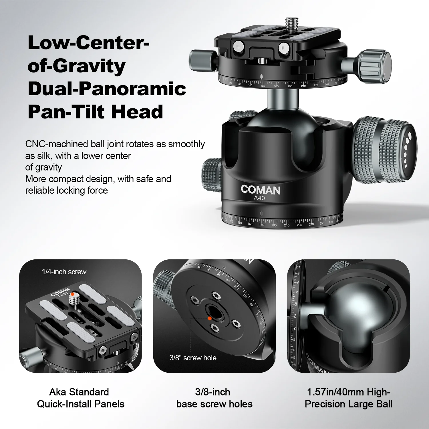 COMAN A40 Panoramic Ball Head 1.57in Low Profile 44lb Load Capacity - Image 5