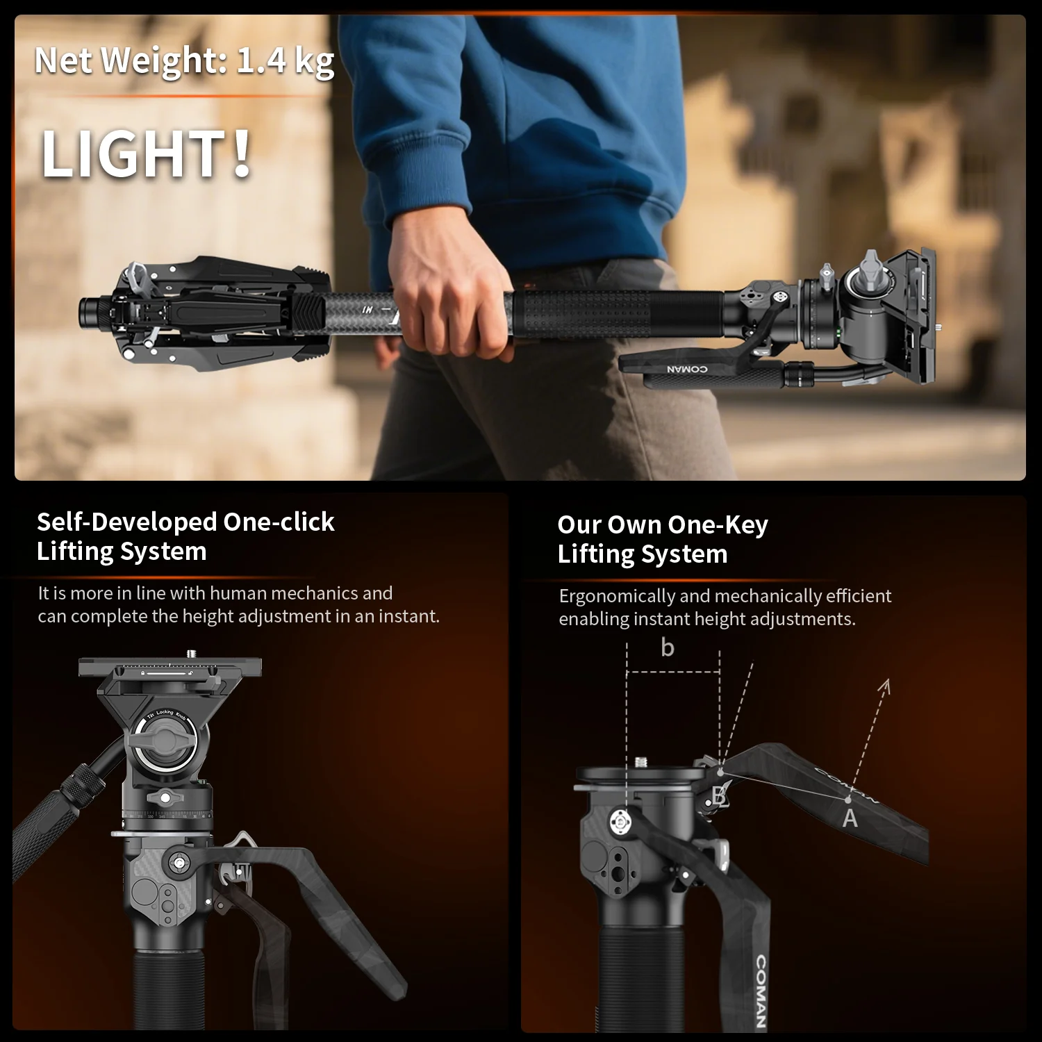 COMAN M1 & M1V5 Portable Lightweight Carbon Fiber Monopod Stable Support 44.1 lbs - Image 25