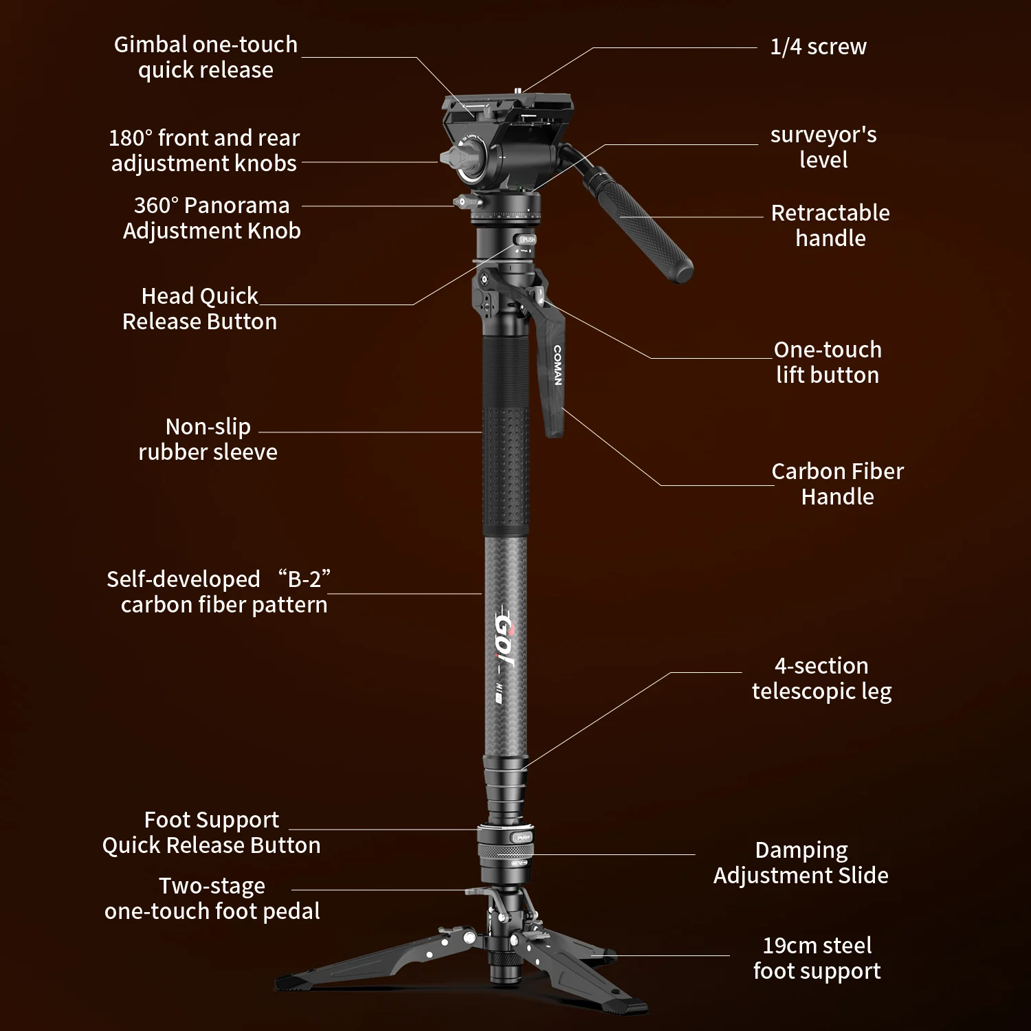 COMAN M1 Pro V5 Carbon Fiber Monopod One Click Quick Release 69in for Photo Video and Sports Events - Image 32