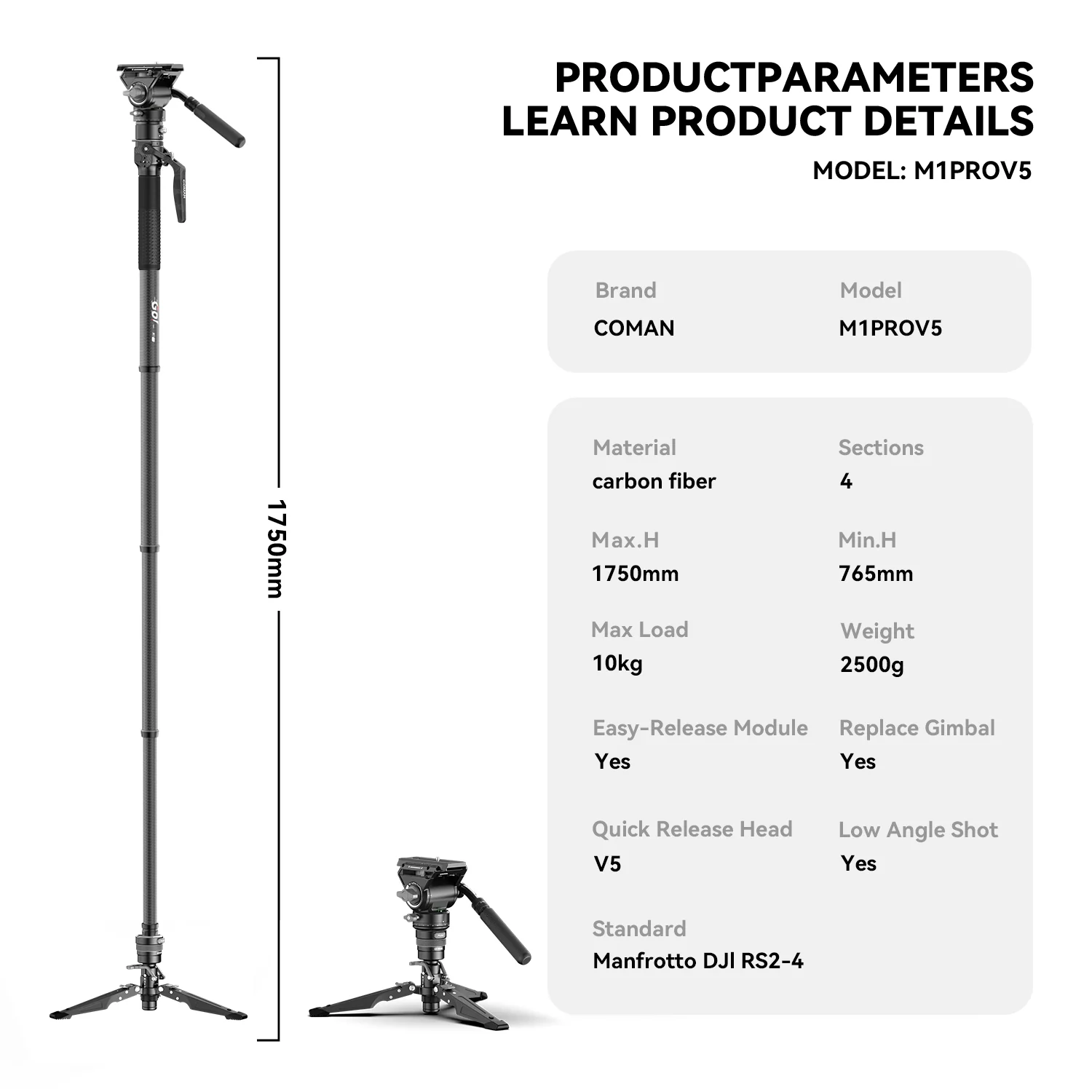 COMAN M1 Pro V5 Carbon Fiber Monopod One Click Quick Release 69in for Photo Video and Sports Events - Image 7