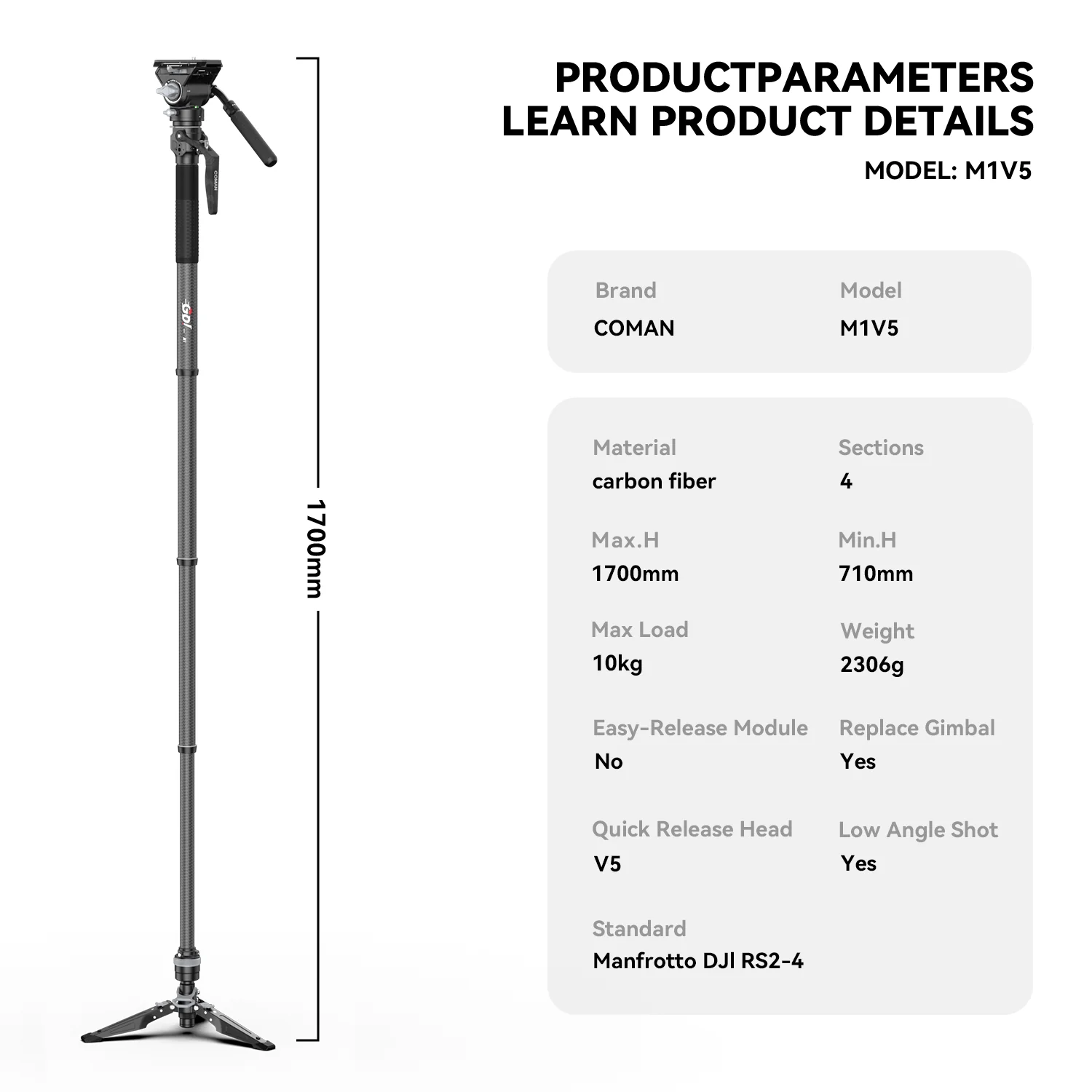 COMAN M1V5 Carbon Fiber Monopod with V5 Head, 67" Height, 22 lbs Load - Image 3