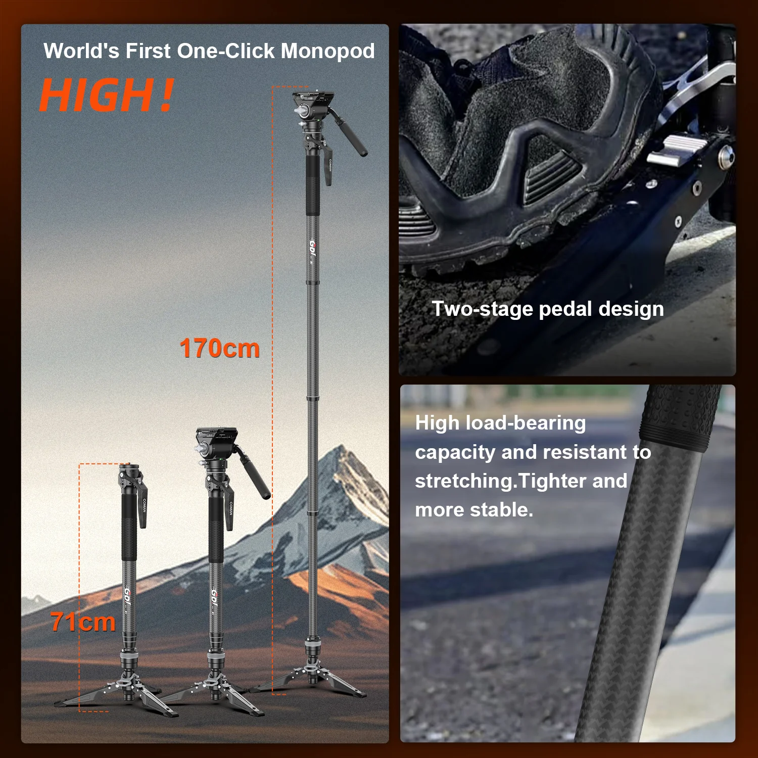 COMAN M1V5 Carbon Fiber Monopod with V5 Head, 67" Height, 22 lbs Load - Image 4