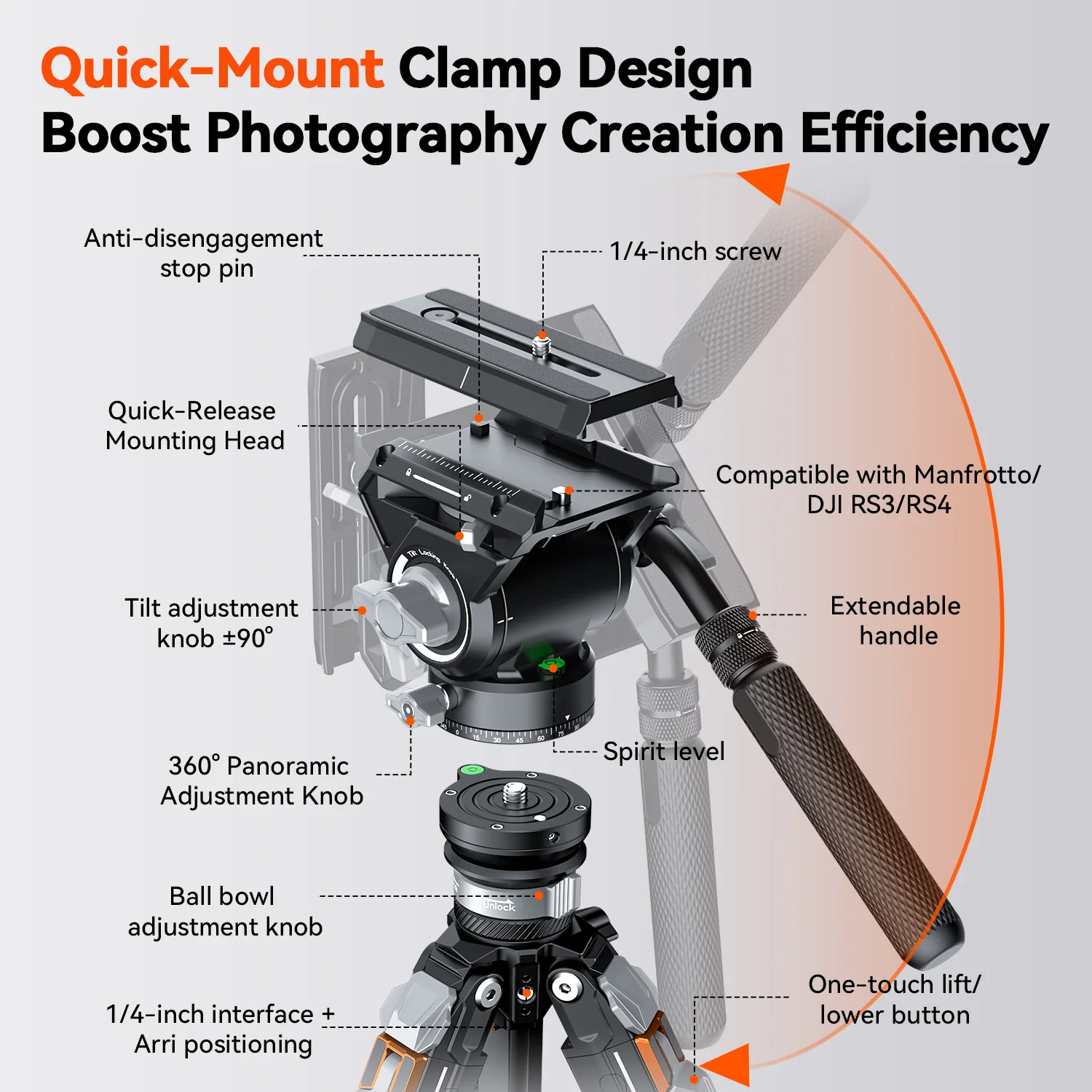 COMAN T1SV5 4-Section Carbon Fiber Snap-Open Tripod 68.9" with Fluid Bowl Head for Video & Photography - Image 11