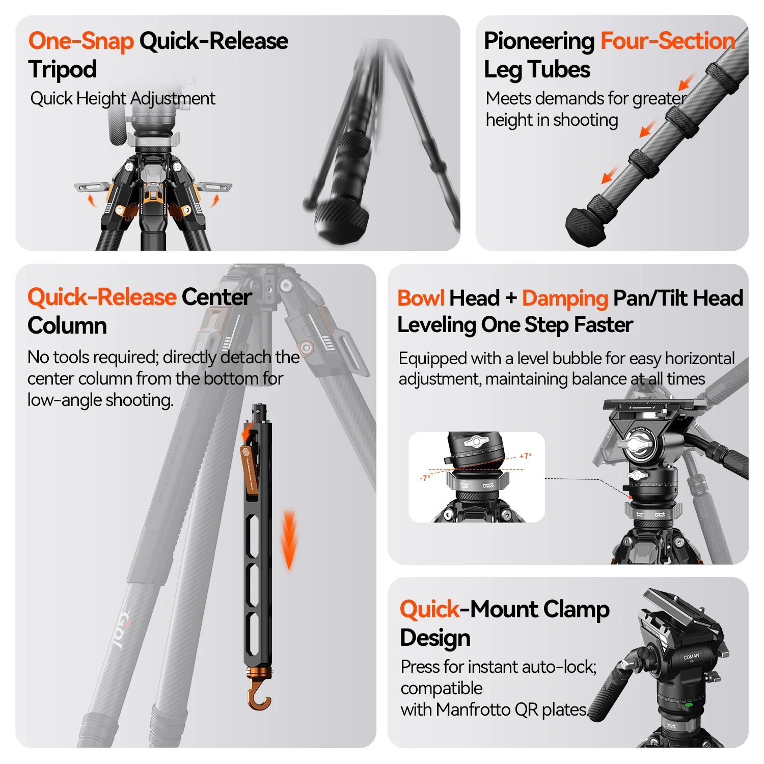 COMAN T1SV5 4-Section Carbon Fiber Snap-Open Tripod 68.9" with Fluid Bowl Head for Video & Photography - Image 12