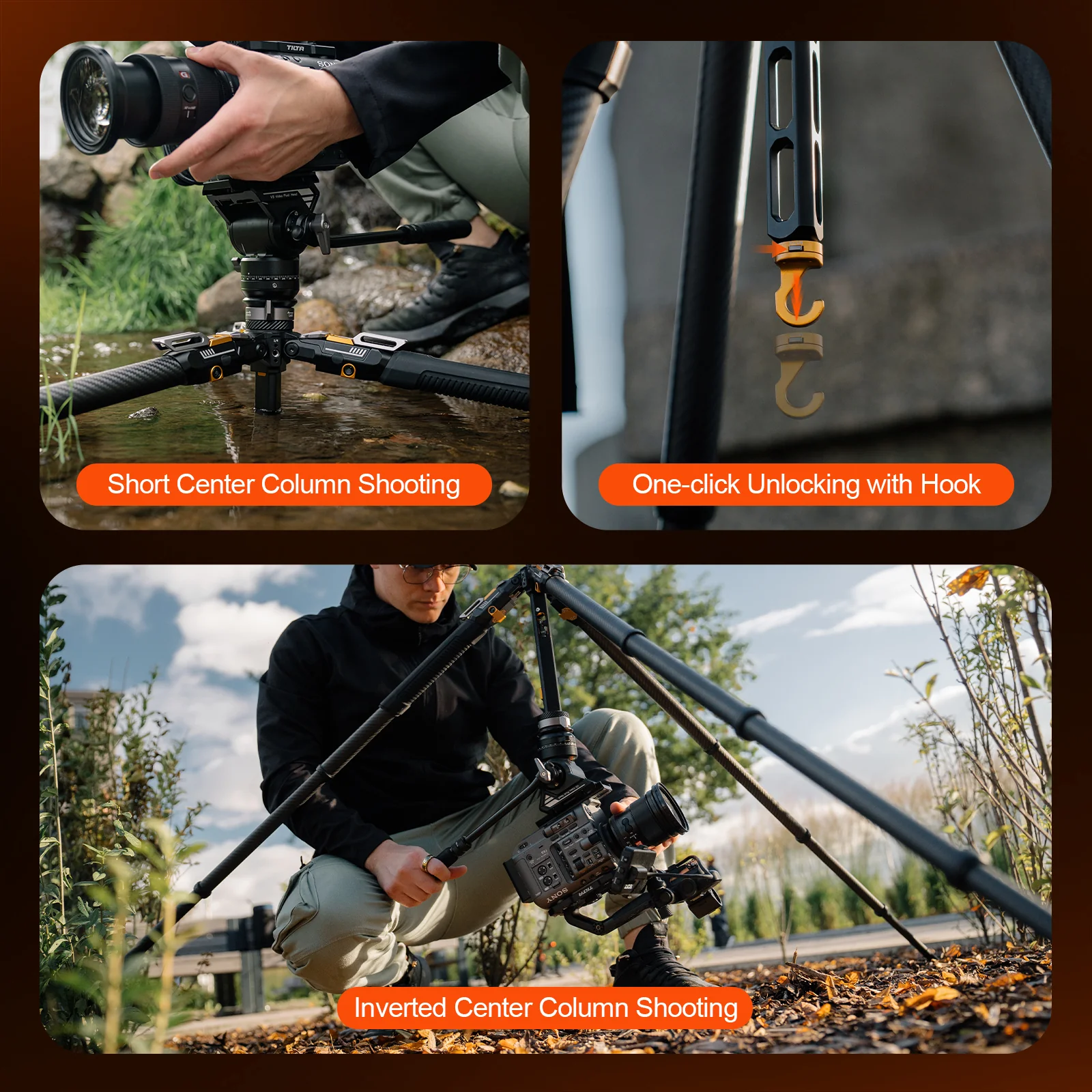 COMAN T1SV5 4-Section Carbon Fiber Snap-Open Tripod 68.9" with Fluid Bowl Head for Video & Photography - Image 15