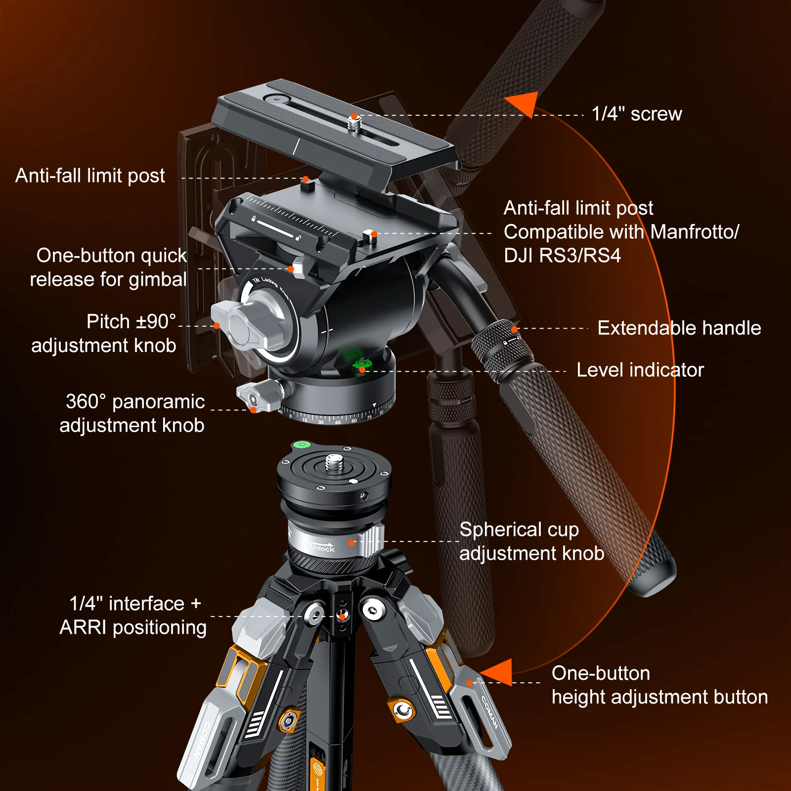 COMAN T1SV5 4-Section Carbon Fiber Snap-Open Tripod 68.9" with Fluid Bowl Head for Video & Photography - Image 16
