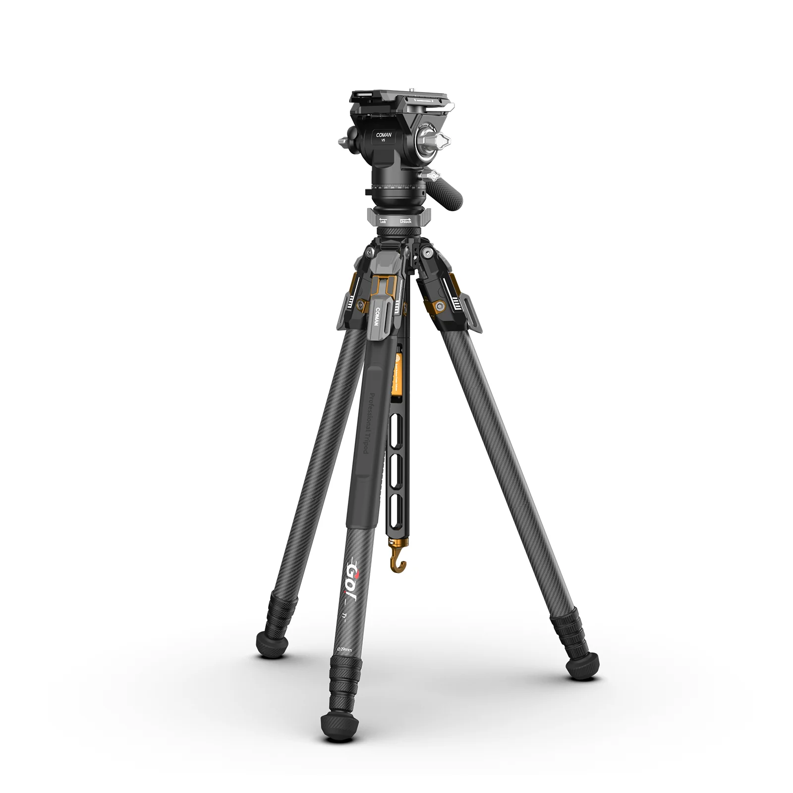 COMAN T1SV5 4-Section Carbon Fiber Snap-Open Tripod 68.9" with Fluid Bowl Head for Video & Photography - Image 4
