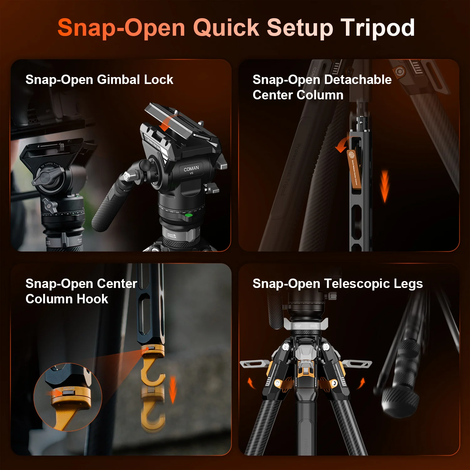 COMAN T1SV5 4-Section Carbon Fiber Snap-Open Tripod 68.9" with Fluid Bowl Head for Video & Photography - Image 9