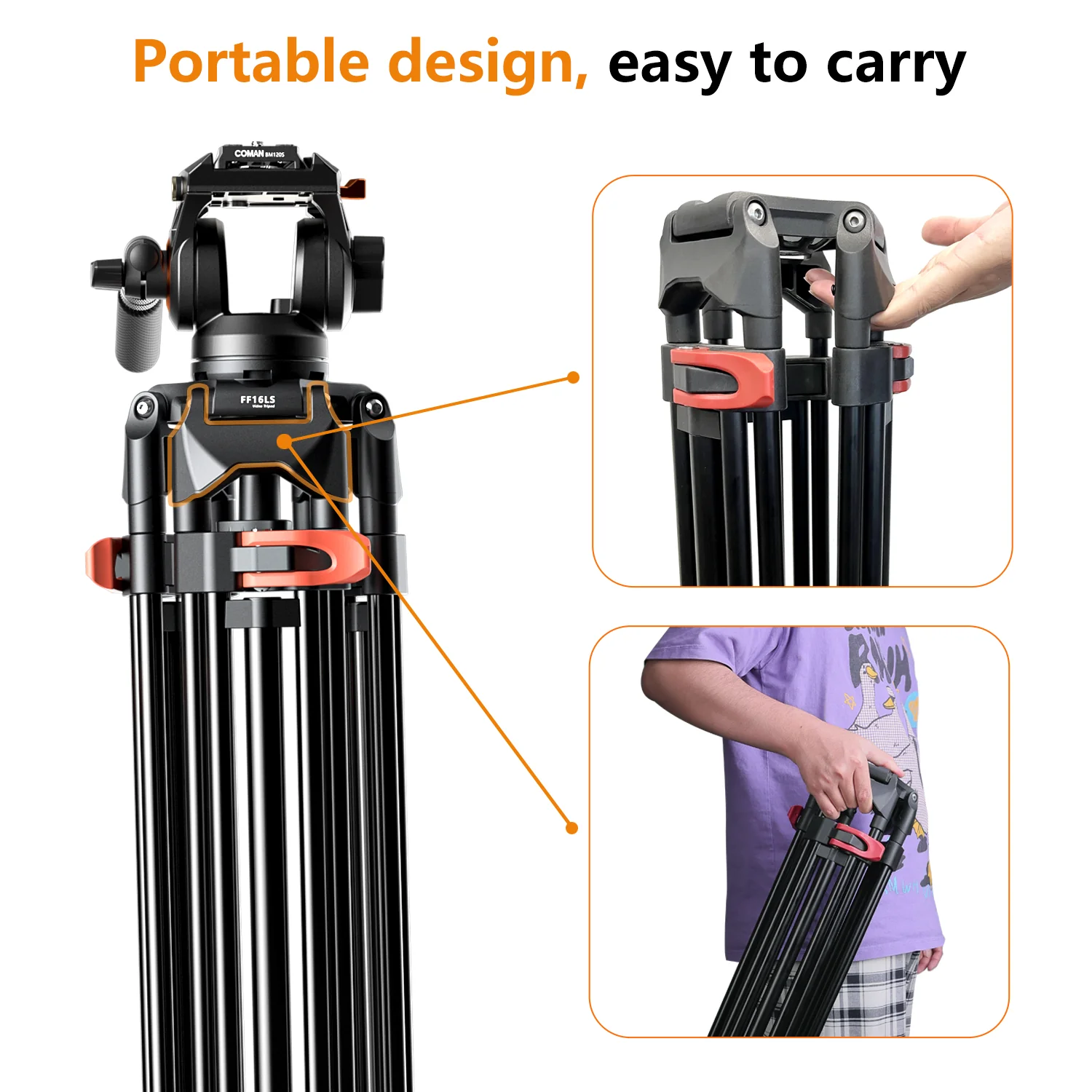 Coman FF16LS Heavy Duty Video Tripod with Fluid Head, Aluminium 73" - Image 12