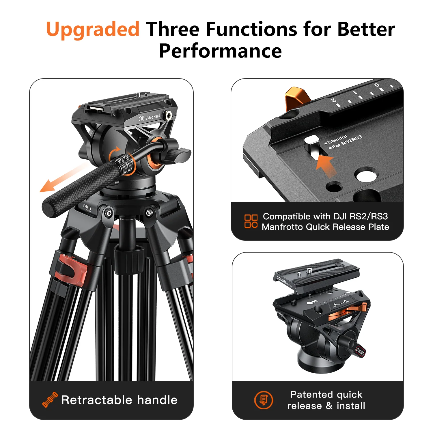 Coman FF16LS Heavy Duty Video Tripod with Fluid Head, Aluminium 73" - Image 3