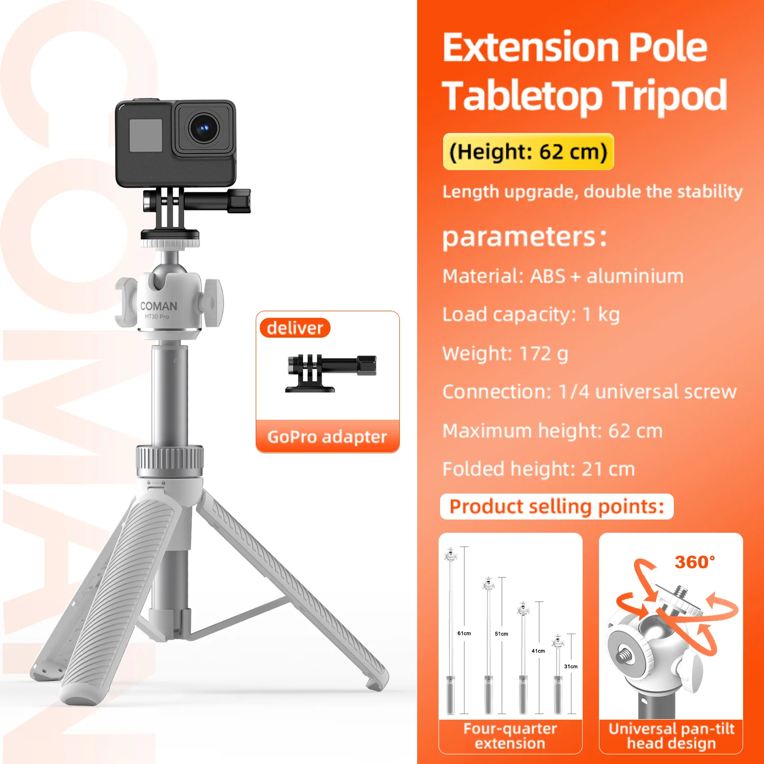 COMAN MT30Pro Phone Tripod Selfie Stick Remote-Control, Black & White - Image 26