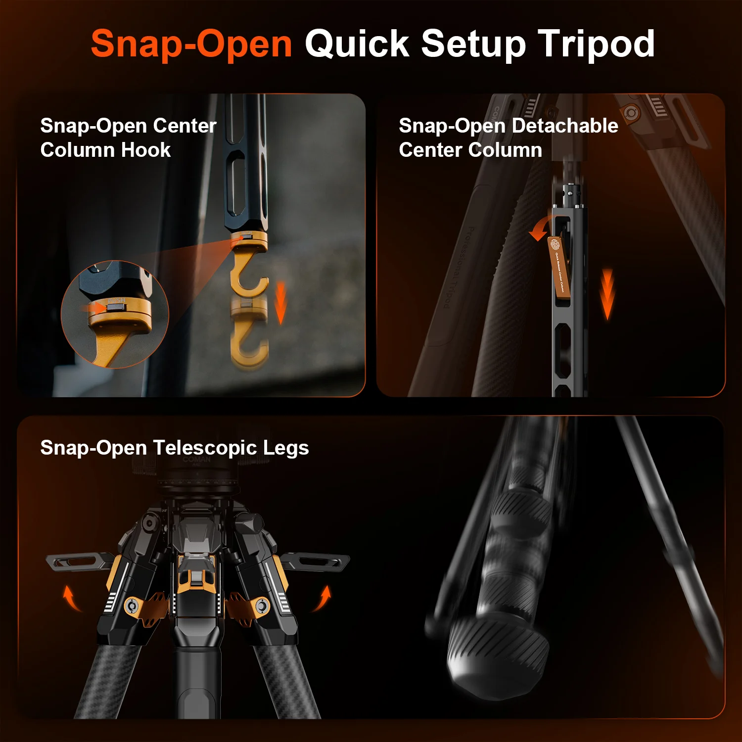 COMAN T1A40 4-Section Carbon Fiber Snap Tripod Dual Panoramic Hydraulic Ball Head 66.5in 44lb Load - Image 9